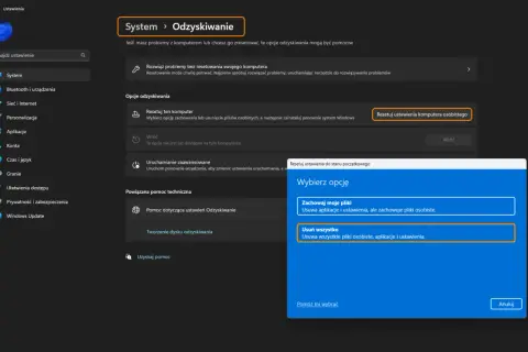 Panel sterowania Windows 11: opcje odzyskiwania. Wybierz "Usuń wszystko", aby usunąć pliki osobiste, aplikacje i ustawienia.