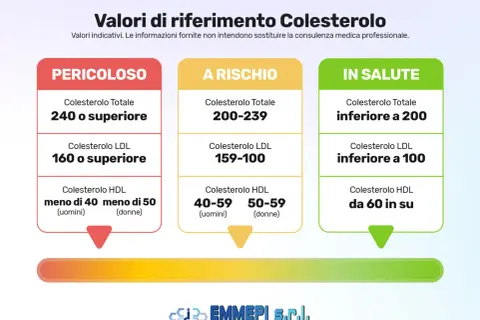 Valori di riferimento colesterolo: "Pericoloso" (240+ totale, 160+ LDL), "A Rischio" (200-239 totale, 159-100 LDL), "In Salute" (<200 totale, <100 LDL). Colesterolo 260 dopo 50 anni è pericoloso.