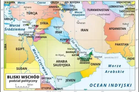 Mapa Bliskiego Wschodu pokazuje, gdzie leży Izrael, między Jordanią, Syrią, Egiptem i Morzem Śródziemnym.