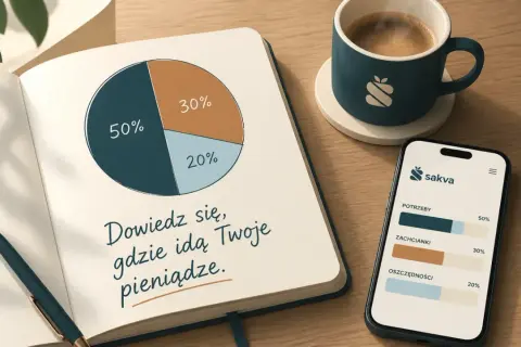 Notatnik z wykresem kołowym i tekstem "Dowiedz się, gdzie idą Twoje pieniądze". Obok telefon z aplikacją Sakva, pokazującą podział wydatków. To idealne narzędzie do planowania zakupów.