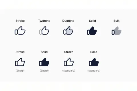 A collection of thumbs-up icons showcasing various icon styles: stroke, twotone, duotone, solid, and bulk.