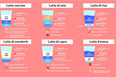 Confronto nutrizionale tra diversi tipi di latte: vaccino, soia, riso, mandorle, capra e avena. Ogni etichetta latte evidenzia calorie, vitamine, minerali e caratteristiche.