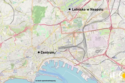 Mapa pokazuje **dojazd z lotniska w Neapolu** do centrum miasta. Widać lotnisko, autostrady i główne ulice.