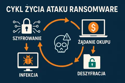 Cykl życia ataku ransomware: szyfrowanie, infekcja, żądanie okupu, deszyfracja. Poznaj, ransomware co to jest i jak działa.