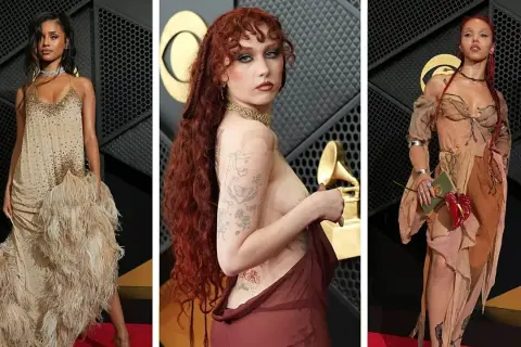Trzy artystki na czerwonym dywanie, każda w unikatowej kreacji, gotowe na odbiór nagrody Grammy: najlepszy teledysk.