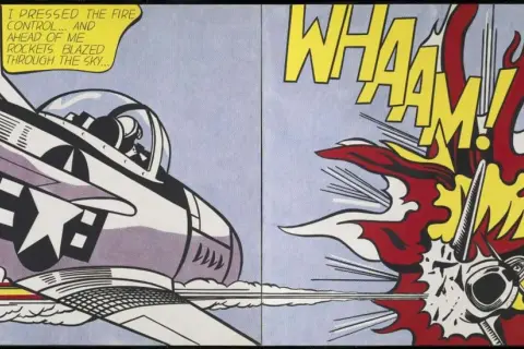 Roy Lichtenstein's "Whaam!" depicts a fighter jet firing rockets, with a dramatic explosion and the word "WHAAM!" in bold yellow letters.