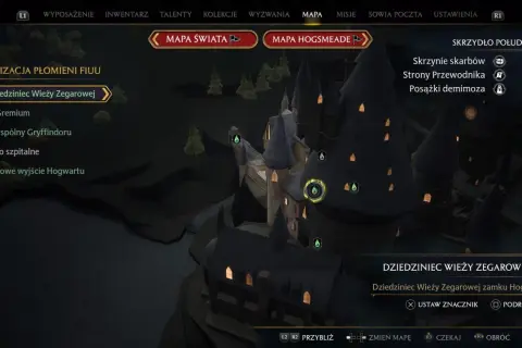 Mapa Hogwartu z zaznaczonym Dziedzińcem Wieży Zegarowej. Pomocny **hogwarts legacy poradnik** do eksploracji zamku.