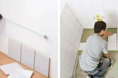 Pose d'un carrelage au sol et au mur avec un laser de chantier pour un calepinage parfait.