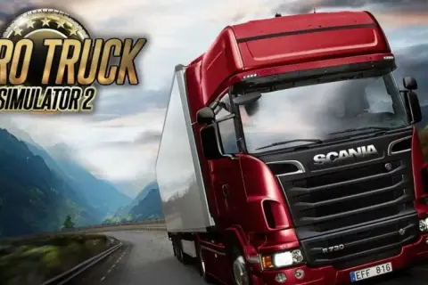 Czerwona ciężarówka Scania na krętej drodze w górach. Logo "Euro Truck Simulator 2" sugeruje grę na PS5.
