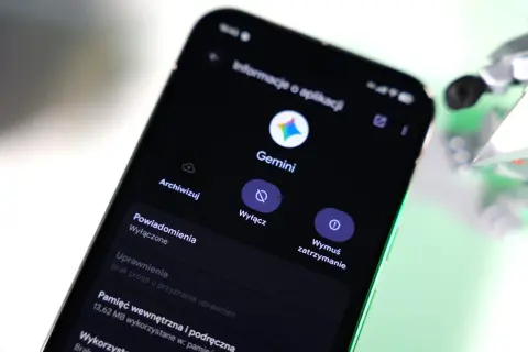 Ekran telefonu z opcją "Wyłącz" dla aplikacji Gemini. Widoczne też "Archiwizuj" i "Wymuś zatrzymanie".