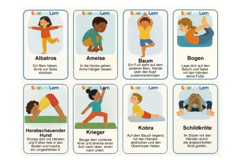 Bilder für Yoga im Kindergarten: Kinder üben Albatros, Ameise, Baum, Bogen, Hund, Krieger, Kobra und Schildkröte.