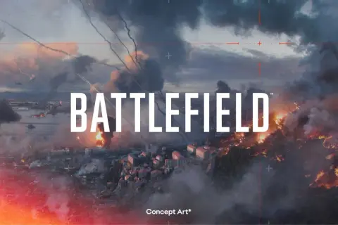 Scena z gry Battlefield 7: miasto w ogniu, dym, helikoptery i okręty na morzu.