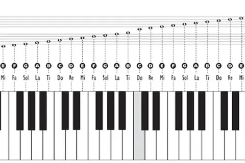 Schemat klawiatury fortepianu z nutami i nazwami dźwięków (Do, Re, Mi, Fa, Sol, La, Ti). Idealny do nauki gry na instrumencie.