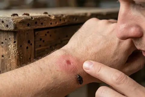 Un uomo osserva un morso di tarli del legno pericolosi sul suo braccio, mentre altri insetti si muovono su un mobile danneggiato.