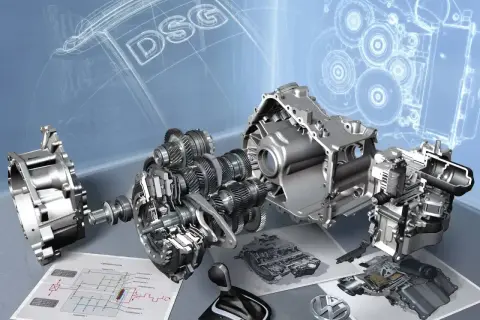 Rozłożony na części mechanizm skrzyni biegów DSG, z widocznymi trybami i schematami technicznymi.