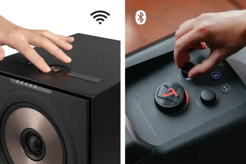 Ręka dotyka głośnika, próbując rozwiązać problem z połączeniem MusicCast. Obok regulacja basu i głośności w innym urządzeniu.