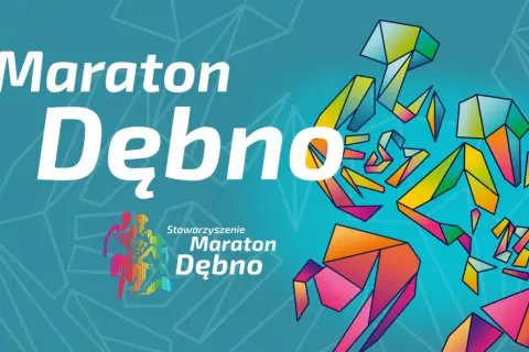Maraton Dębno: biegacze w geometrycznych kształtach, symbolizujący energię i dynamikę.