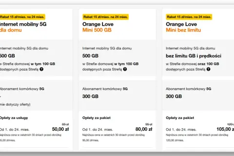 Elastyczny pakiet internetowy Orange: 500 GB dla domu za 50 zł/mies. lub nielimitowany internet mobilny 5G.