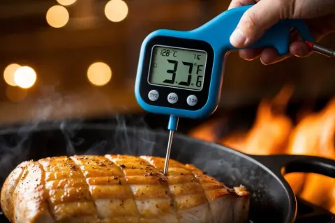 En digital termometer mäter ytterfile temp på en stek i en panna med flammor.