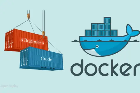 Grue soulevant des conteneurs, un rouge "A Beginner's" et un bleu "Guide". Le logo Docker, une baleine bleue, est à droite.