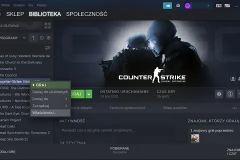 Ekran biblioteki Steam z podświetloną grą Counter-Strike: Global Offensive i menu kontekstowym.