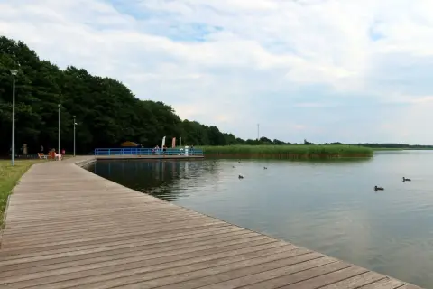 Drewniana promenada nad jeziorem, z widokiem na trzciny i pływające kaczki. Dąbki atrakcje dla miłośników natury i spokoju.