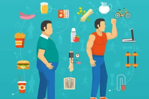 Porównanie sylwetek i symboli: niezdrowa dieta (fast food, piwo) vs. zdrowy styl życia (warzywa, ćwiczenia). Jak to wpływa na metabolizm co to?