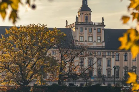 Jesienne drzewa na tle zabytkowego budynku uniwersyteckiego we Wrocławiu.