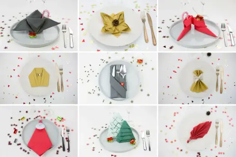 Neuf idées de pliage de serviettes pour un pliage de noël festif : sapins, Père Noël, chaussettes, et plus encore.