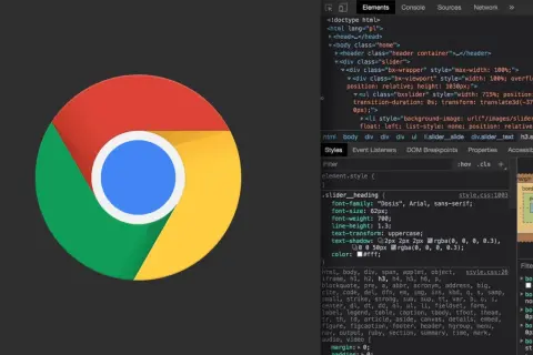 Logo Chrome i otwarte narzędzia deweloperskie w przeglądarce, pokazujące kod HTML i CSS.