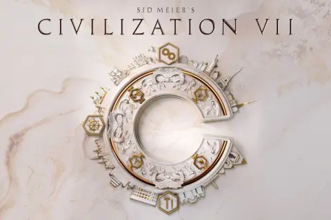 Logo gry Civilization VII z elementami architektonicznymi i symbolami postępu.