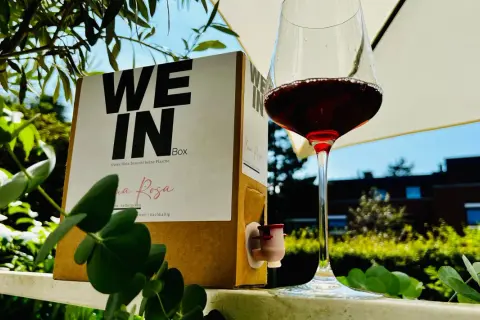 Ein Glas Rotwein neben einer "WE IN BOX" mit Wein im Schlauch. Perfekt für laue Sommerabende.