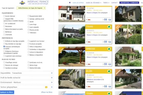 Recherche d'un échange maison garde animaux. Filtres actifs : animaux domestiques acceptés. Nombreuses offres de maisons à la campagne.