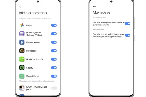 Pantallas de móvil mostrando ajustes de inicio automático de apps. En el segundo plano, se ve la lista de apps permitidas.