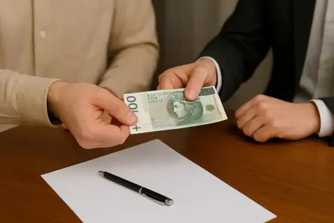 Przekazanie banknotu 100 zł. Niewidoczna osoba w garniturze wręcza pieniądze, co może symbolizować darowiznę od obcej osoby lub transakcję.