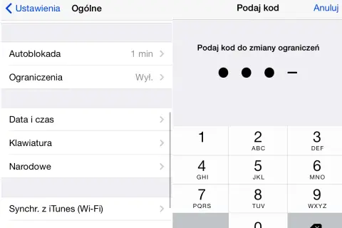 Ekran iPhone'a z ustawieniami. Widać opcję "Ograniczenia" i prośbę o podanie kodu, co sugeruje kontrola rodzicielska iPhone.