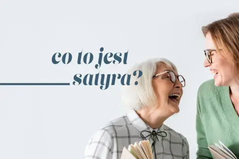 Dwie kobiety śmieją się, trzymając książki. Jedna z nich pyta: "co to jest satyra?".