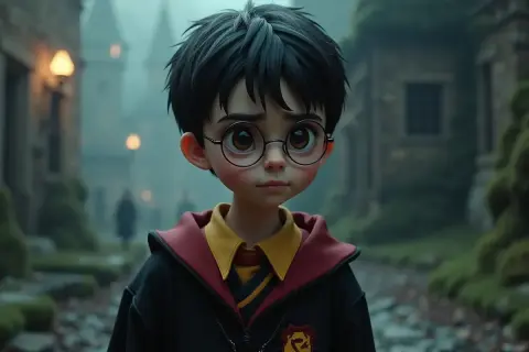 Harry Potter na flecie, w szacie Gryffindoru, stoi na mglistej ścieżce.