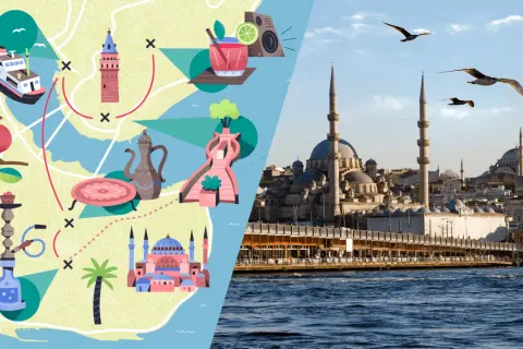 Karte mit Sehenswürdigkeiten für einen Istanbul Trip: Fähre, Galataturm, Moscheen, Granatapfel, Wasserpfeife, Teekanne und ein Cocktail. Daneben die Stadtansicht mit Moscheen und Möwen.