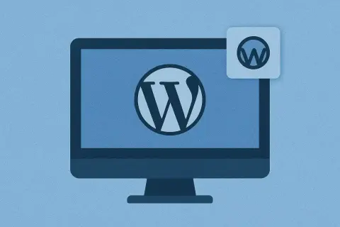 Monitor z logo WordPress i małym, kwadratowym okienkiem z ikoną wordpress favicon.