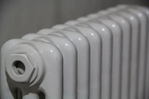 Radiador de mica blanco, con sus aletas curvas y un detalle de conexión en un extremo.