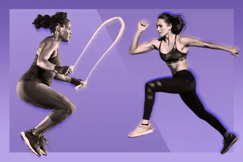 Two women in athletic wear are shown mid-jump, one with a jump rope, ready for a 10 minute jump rope workout.