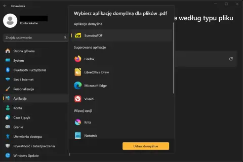 Ustawienia aplikacji domyślnych dla plików PDF. Wybierz, jak zmienić plik na PDF, klikając "Ustaw domyślnie".