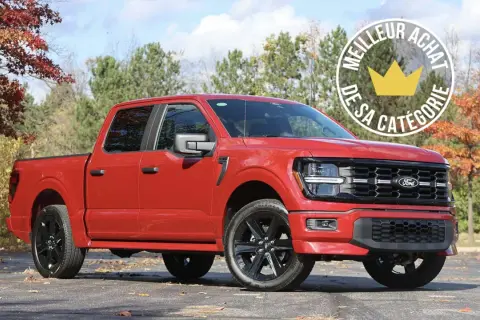 Camion américain rouge, marque Ford, lauréat du meilleur achat de sa catégorie.
