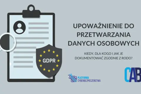 Grafika przedstawia dokument z lupą i tarczą GDPR, symbolizując upoważnienie do przetwarzania danych osobowych.