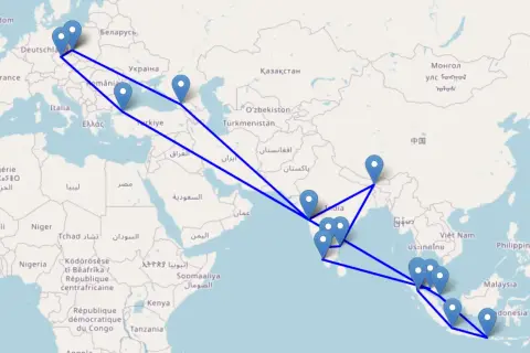 Mapa świata z zaznaczonymi trasami podróży, obejmującymi Europę, Bliski Wschód, Indie i Azję Południowo-Wschodnią, w tym Malezję.
