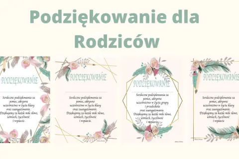 Wzór podziękowania dla rodziców za współpracę, z motywem piór i kwiatów. Dziękujemy za pomoc, aktywność i zaangażowanie.