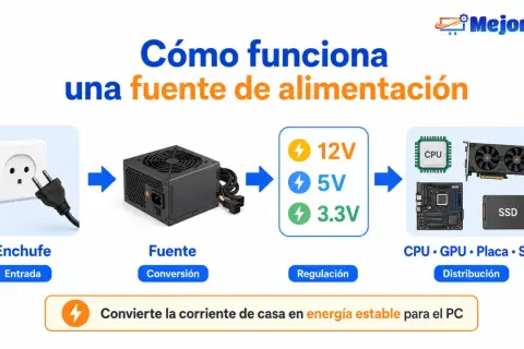Diagrama muestra cómo la fuente de alimentación de un ordenador convierte la corriente de casa en energía estable para CPU, GPU, placa y SSD.
