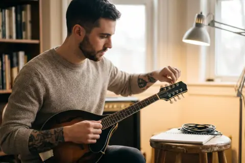 Mann stimmt Mandoline, Noten und Kabel liegen bereit.