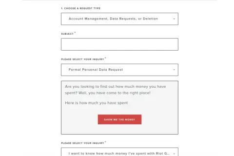 Formularz z opcjami wyboru typu zgłoszenia, pola tekstowego na temat i zapytania, oraz przyciskiem "SHOW ME THE MONEY".